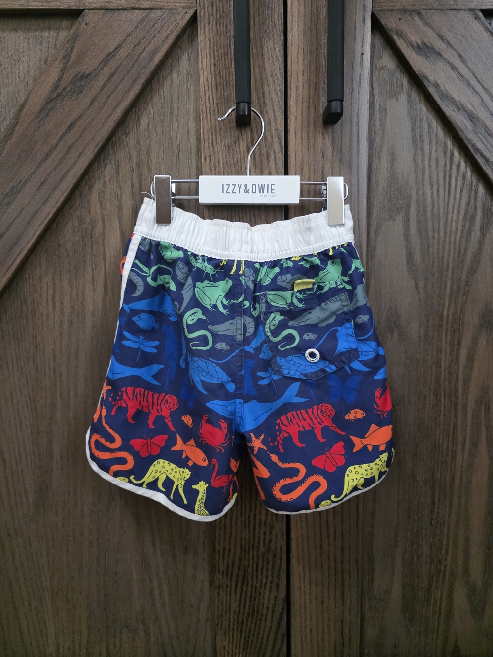 Mini Boden Navy Swim Trunks with Multicolor Animal Print - Picture 4 of 4